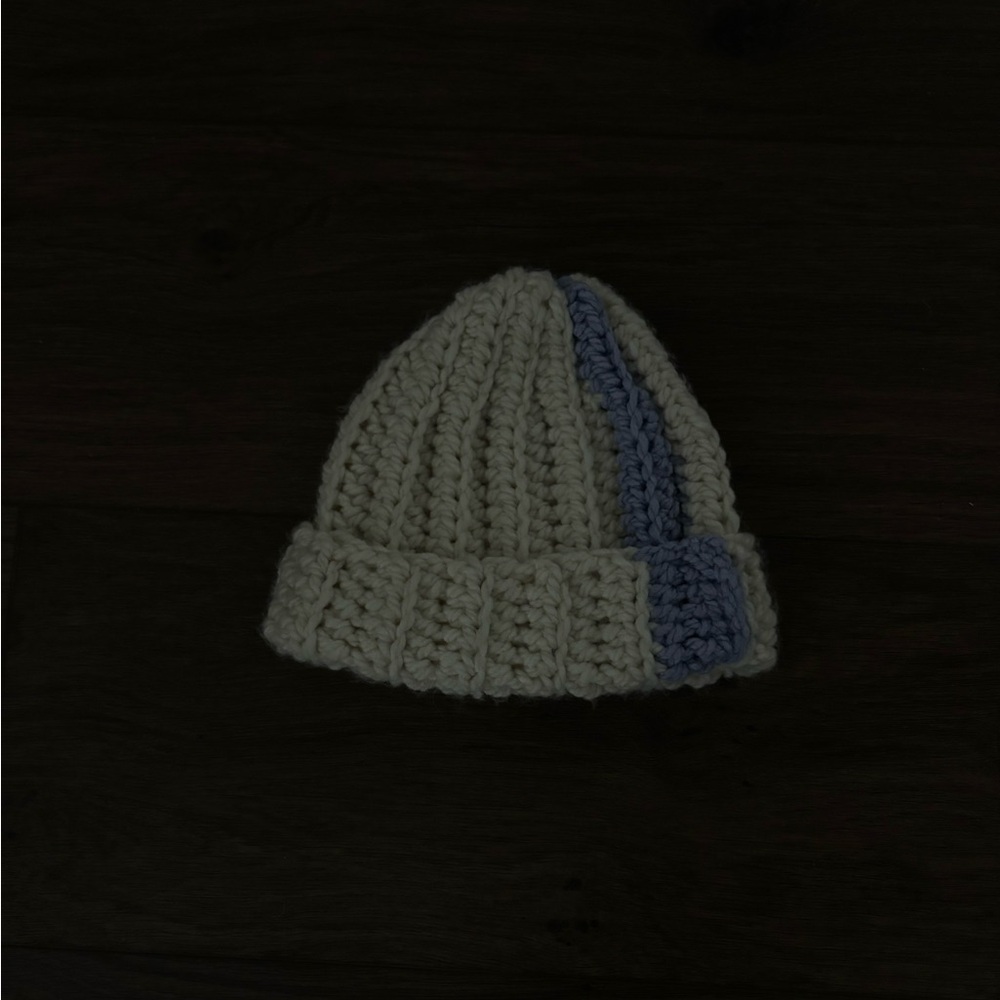 Cream and Blue Crocheted Beanie